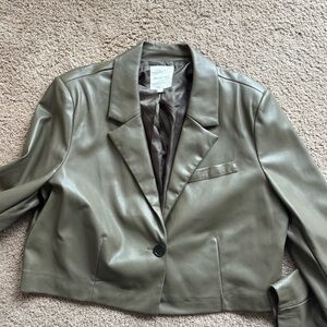 Avec Les Filles Olive Green Cropped Faux Leather Blazer